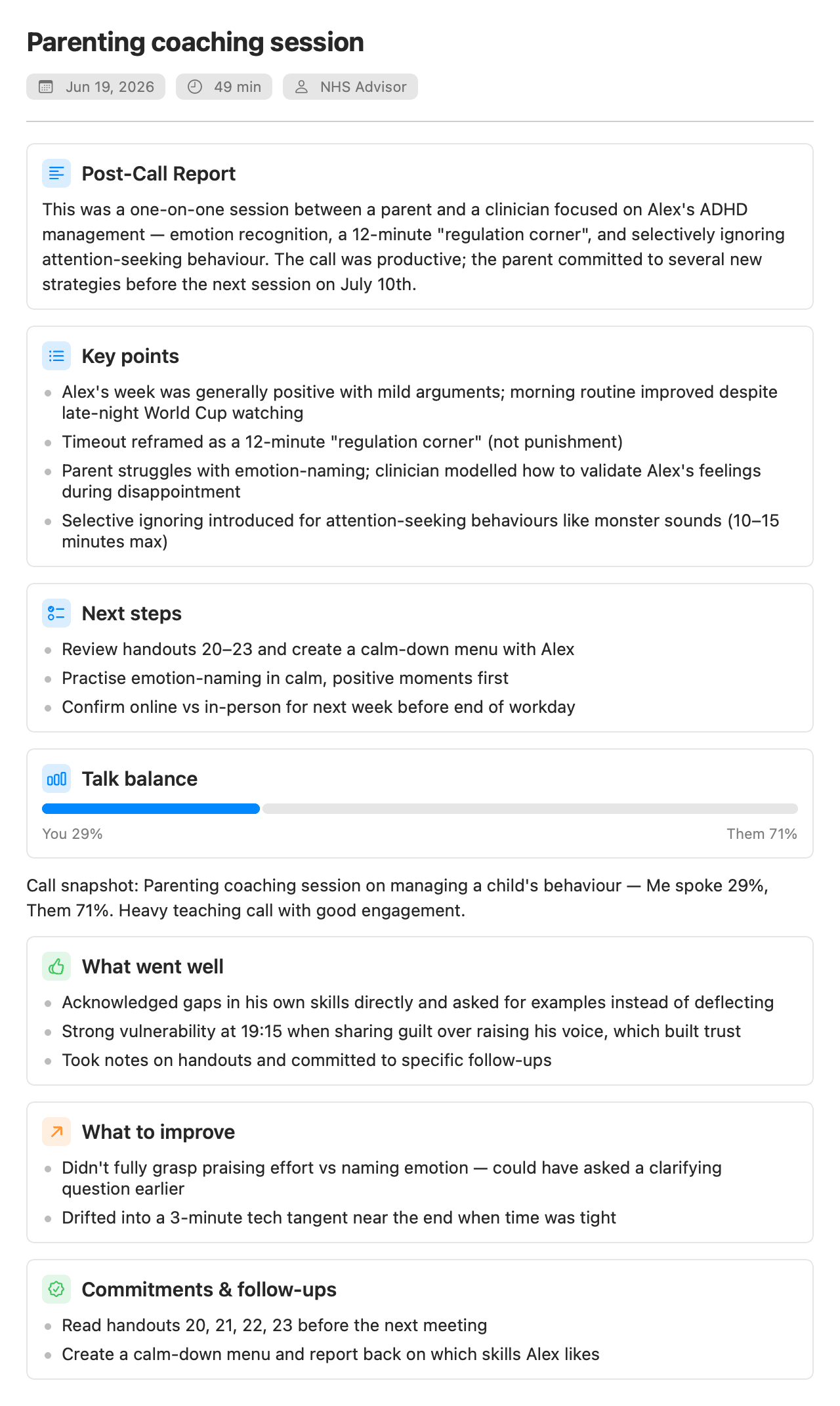 Parrot's post-call report with summary, coaching and commitment cards